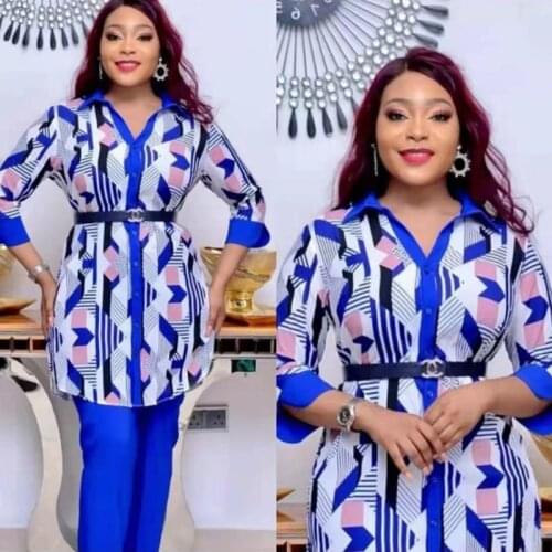 Pants Suit Shirts For Women Summer Top Casual Pants Two-Piece Suit Autumn Chiffon Loose Print Middle-Sleeved African Clothing