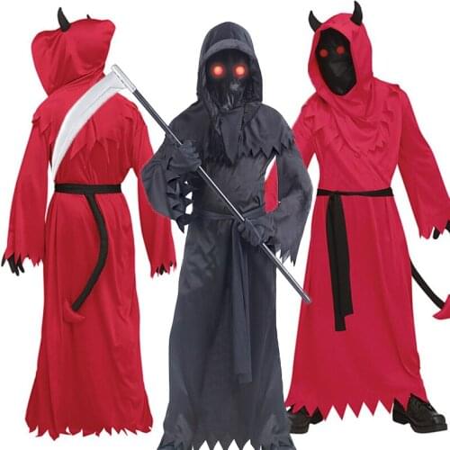 Boys Kids Devil Costume Cosplay BlackRed Scary Grim Reaper Unknow Phantom Disguise Clothes Halloween Party Dress-up C64C65