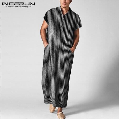 INCERUN Men Striped Jubba Thobe Men Islamic Arab Casual Short Sleeve Cotton Pockets Muslim Kaftan Robes Dubai Clothing S-5XL