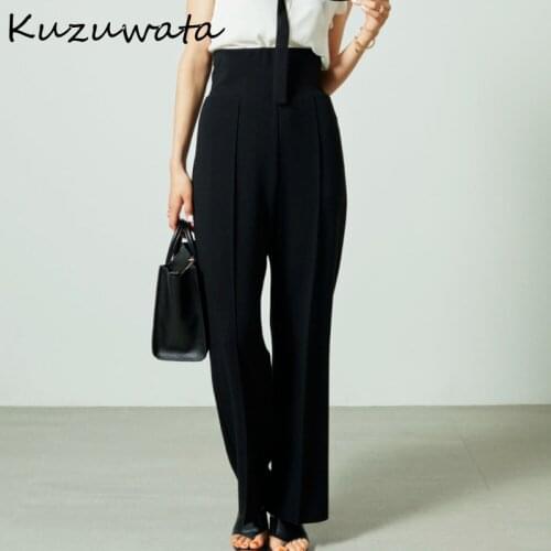 Kuzuwata 2021 new fashion autumn trousers high waist knitted elastic Womens flare wide leg pants japan style casual pantalones