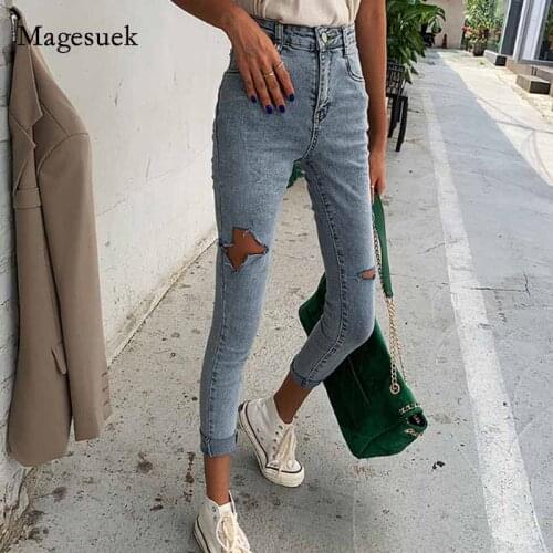 Fashion Hole Ripped Jeans Autumn High Waist Jeans Woman Vintage Skinny Blue Cotton Korean New Slim Cool Denim Trousers 10416