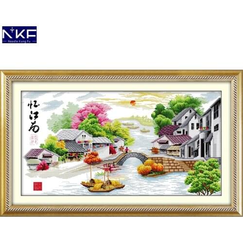 NKF Water Village In Dream Stamped Cross Stitch Patterns DIY Kit Needlework Embroidery Sets Chinese Cross Stitch for Home Decor
