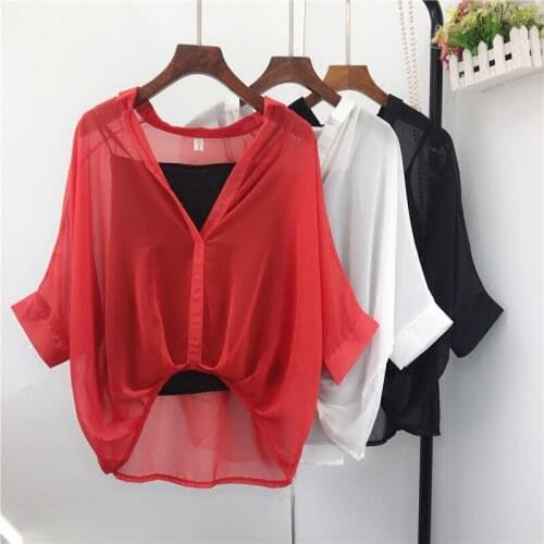 Solid chiffon women blouse 2020 summer new two pieces v-neck half-sleeved loose office lady elegant pulls outwear coat tops