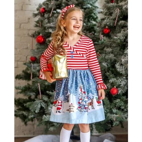Girls New Year Christmas Dress Children Sleeveless Christmas Snowman Bandage Dress Kids Striped Printed Holiday Party Clothing