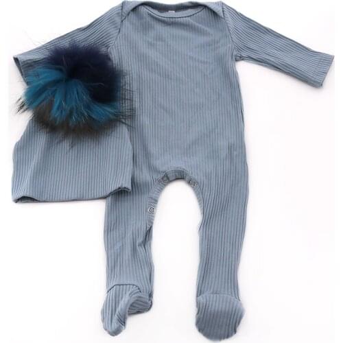 Casual Newborn Baby Girls Boys Striped Cotton Romper Onesie With Real Fur pompom Hat Sets Kids clothes Spring Ropa Para Bebes