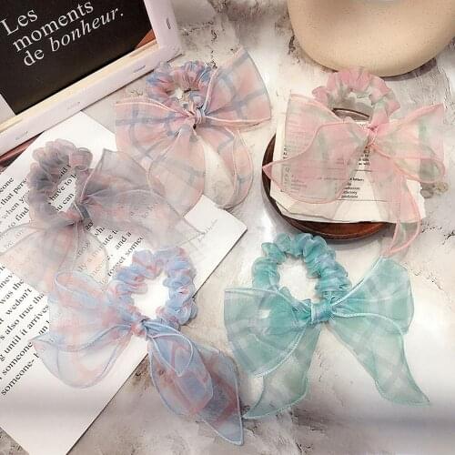 Colorful Plaid Mesh Butterfly Hair Rope Women Girl Cute Hair Circle Multicolour Ponytail Holder Hair Ribbons Hair Accessories