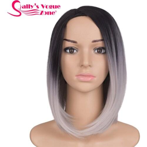 Sallyhair 12inch Japanese High Temperature Fiber Short Black Silver Grey Color Bob Wigs Synthetic Centre Part For Women