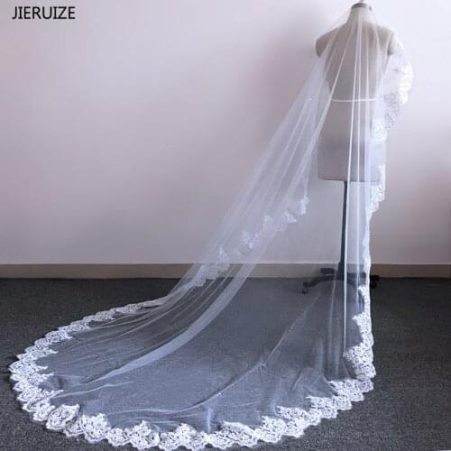 JIERUIZE 3 Meter White Ivory Cathedral Wedding Veils Long Bling Sequin Lace Edge Bridal Veil with Comb Wedding Accessories