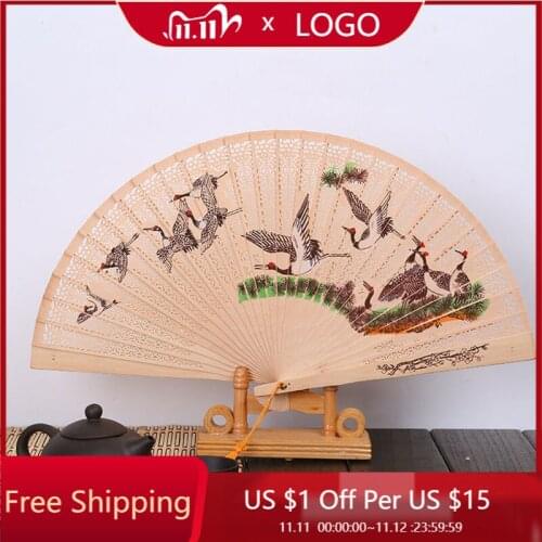 High-quality fragrant wood fan 11 colorful cranes hollow printing with incense fan box gift fan hand fan fans hand