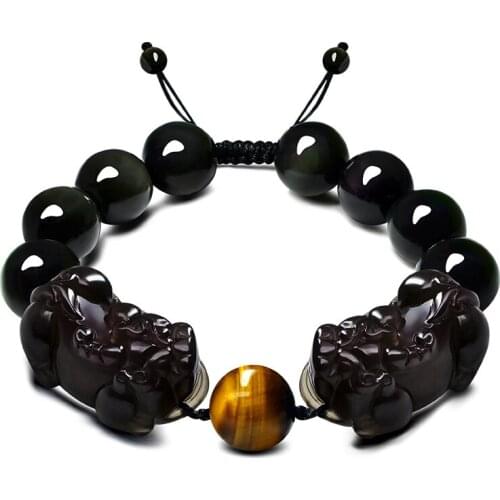 Natural Stones Jewelry Bracelet Obsidian Double Skull Rope Chain Tiger Eye Beaded Bracelet Pixiu Adjustment Men Women Bracelets
