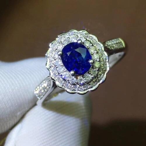 Fine Jewelry Real 18K White Gold 100% Natural 0.6ct Blue Sapphire Gemstone 18k Gold Diamonds Stone Female Ring for Women Rings