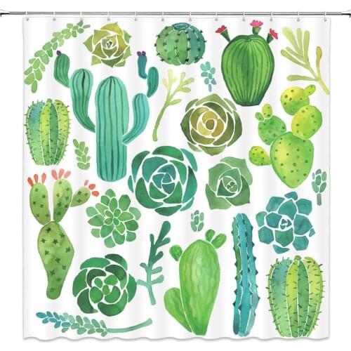 Green Cactus Shower Curtains Water Color Succulents Plant Pattern Bathroom Decor Polyester Fabric Bathtub Cloth Hanging Curtain