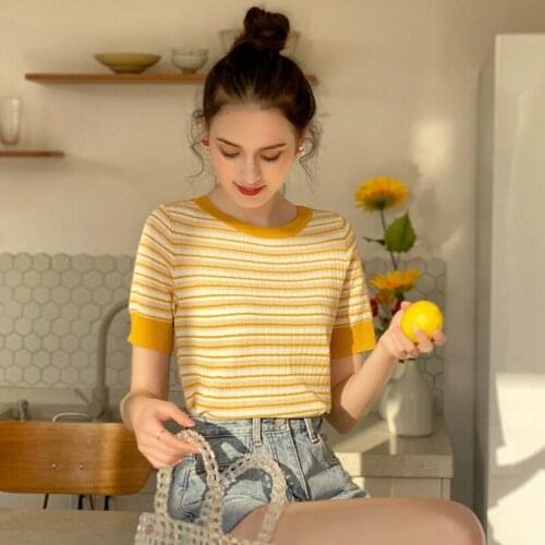 Womens Korean Style Tee Tops Summer Casual O Neck Striped Short Sleeve Slim Knitted T-Shirt 2020