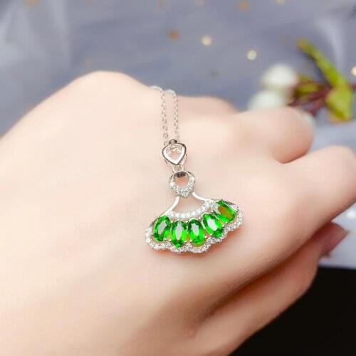 Elegant ancient skirt Fan natural green diopside gem Pendant natural gemstone pendant S925 silver Women girl party gift jewelery