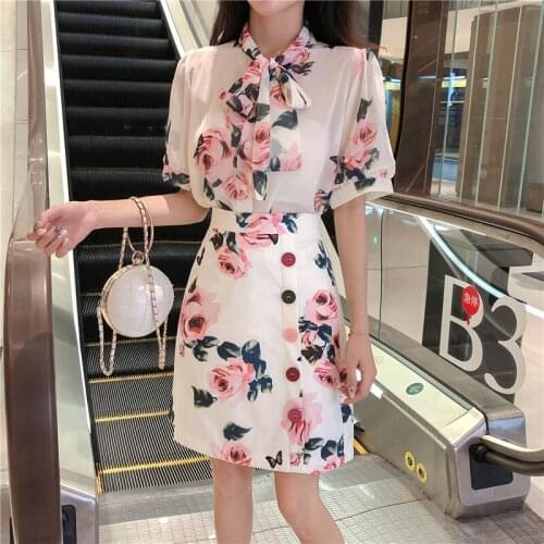 2019 New Fashion Summer Womens Lace Up Collar Chiffon Shirt Top+High Waist Colorful Button Skirt Pink Rose Print Two Piece Set
