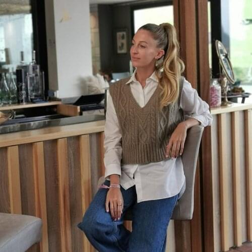 Ardm Za 2020 Women Grey TwistSweater Vest Pullover Sleeveless Sold Color Knitted Vest Pull Sans Manches Femme Sweet Cropped Tops