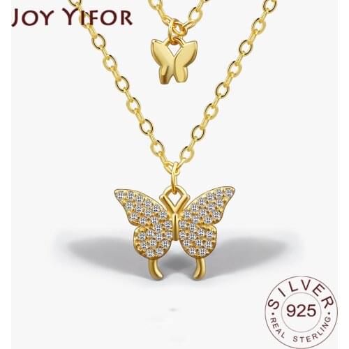 925 Sterling Silver Womens Fashion New Jewelry High Quality Double Layers Butterfly GoldSimple Pendant Necklace 48CM Long