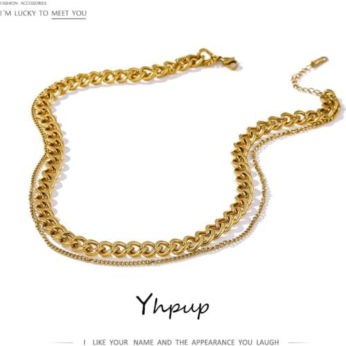 Yhpup 316 Stainless Steel Double Layer Necklace 2021 Choker Collar Statement Fashion Charm Golden Necklace for Women 2021