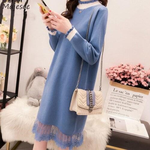Long Sleeve Dress Women Winter Plus Velvet Thicken Large Size 3XL Knitted Patchwork Lace Elegant Lady Leisure Knee-length Female