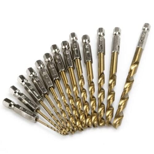 13pcs HSS Drill Bit Set High Speed Steel Titanium Coated Drill Bit 1/4 Hex Shank 1.5-6.5mm Hexagonal Handle Twist Drill
