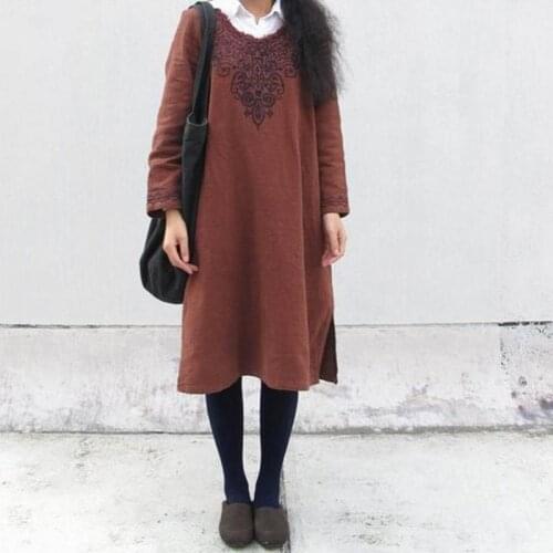 2020 Fashion Totem Embroidery Women Dress Spring Thickening Cotton Linen Dress Long Sleeve Casual Dress Robe Vestidos Side Split