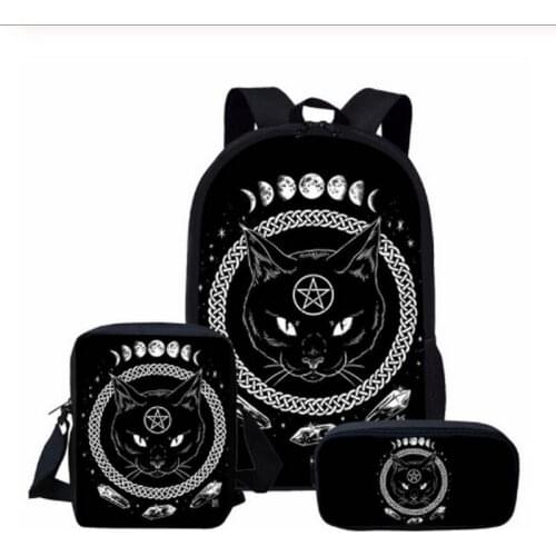 3Pcs/Set School Book Bag Large Capacity Schoolbag for Teenager Girls Boys Black Cat Print Children Backpack 16inch
