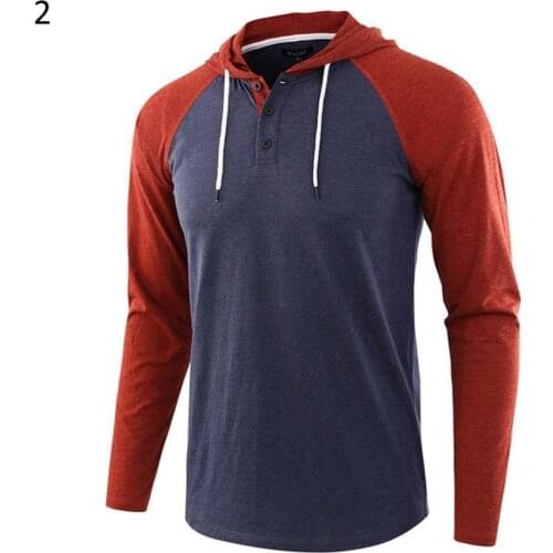 80% HOT SALES！！！Men Long Raglan Sleeve Color Block Buttons Hoodie Drawstring Hood Sweatshirt