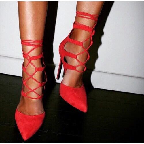 ASHIOFU Handmade Ladies Pumps Shoelace Ankle-straps Party Prom Dress Shoes Sexy Crosscriss Fashion Pumps Shoes