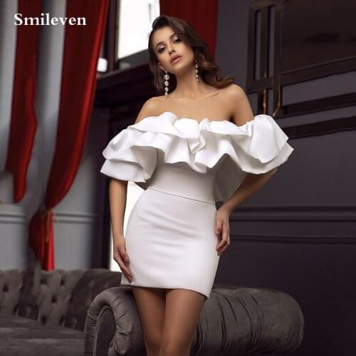 Smileven Ivory Smiple And Cleann Satin Short Evening Dress Ruffles Off The Shoulder Mini Prom Gowns Formal Party Celebrity Dress