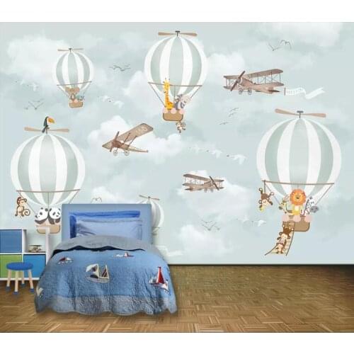 Bacal large 3D wallpaper mural Cartoon hot air balloon airplane animal blue children room background wall wallpaper for walls