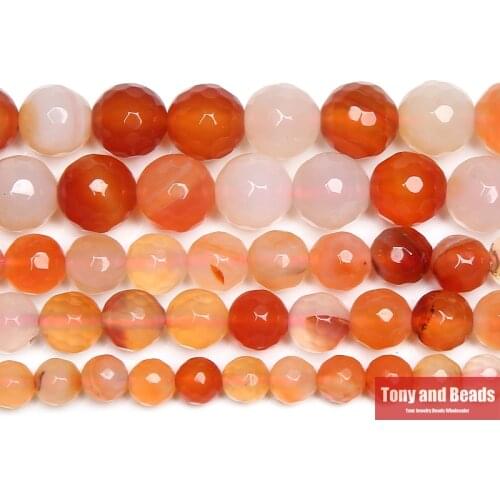 15" Natural Stone Faceted Orange Red Agates Round Loose Beads 6 8 10 12MM Pick Size For Jewelry Making
