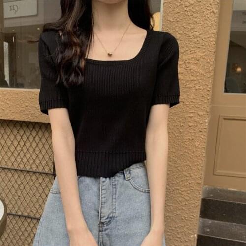 Short Sleeve T-shirt Womens Knitted Casual Bottom Tee Shirt Female Thin Summer 2021 Slim Lady Vintage Crop Tops Solid Color