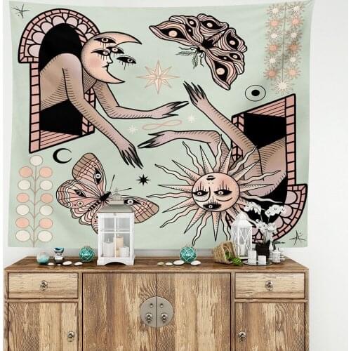 Sun Moon Stars Teal Moth Tapestry Hippies Celestial Wall Hanging Indian Trippy Bohemian Tapestries Wall Tapestry Room Decor