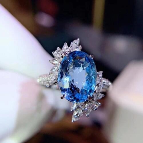 H118 Aquamarine Ring Fine Jewelry Pure 18K Gold Natural 3.4ct Blue Aquamarine Gemstones Fine Rings