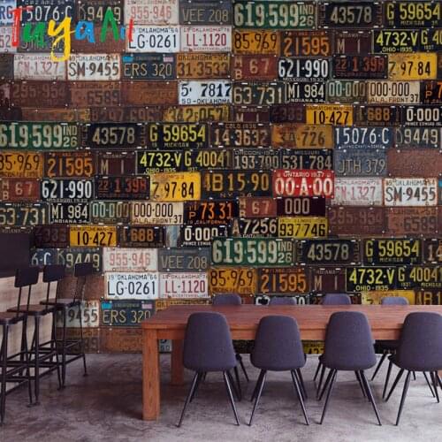 Tuya Art 3D wall-paper industrial rusty car number plates collage mixed vintage style for kitchen workshop room wall decoration