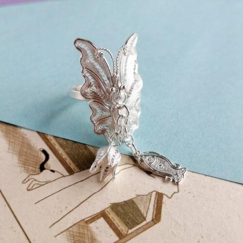 999 Sterling Silver Big Boho Ring Butterfly Women Rings Wedding Engagement Adjustable Ethnic Fish Dangle Handmade Luxury Jewelry