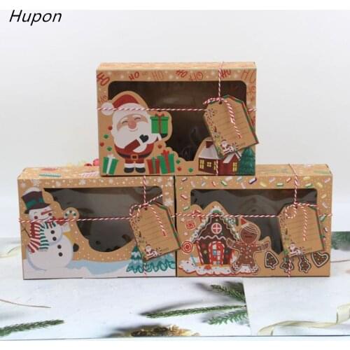 12/24pcs European Kraft Paper Box Christmas Gift Packing Boxes with Clear Window Cookies Packaging Box Event Xmas Party Supplies