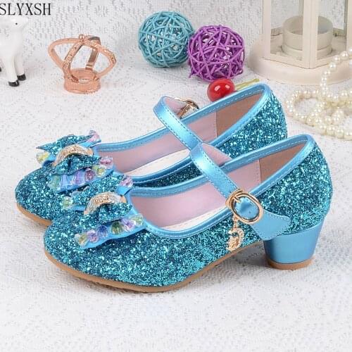 Girls Leather Wedding Shoes Baby Childrens Sequins Princess Enfants Kids High Heels Dress Party Shoes for Girls 26-37