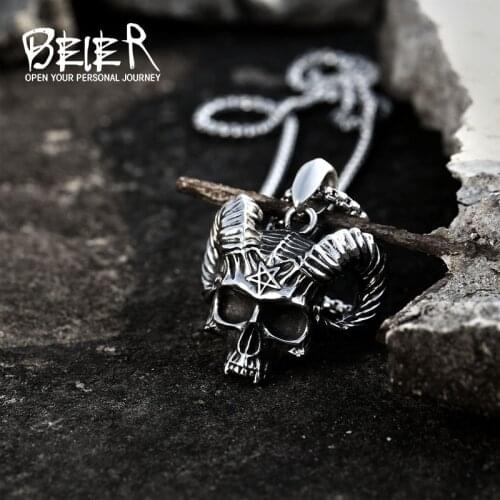 Beier Fashion Vintage Women Men Shofar Skull Stainless Steel Pendant Chain Necklace Jewelry LLBP8-486P
