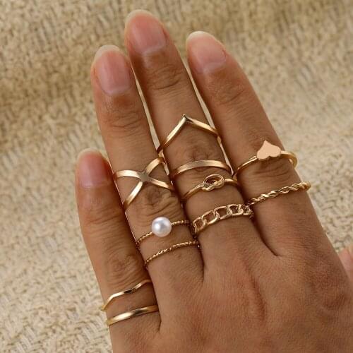Vintage Pearl Rings Set For Women Gold Silver Color Cross Twist Hollow Rings Geometric Open Ring Joint Ring 2020 Boho Jewelry