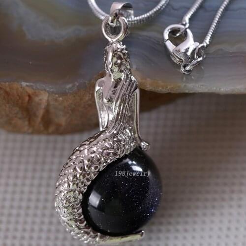 Natural Stone Mermaid Pendant Round Bead Blue Sandstone Necklace Pendant E853