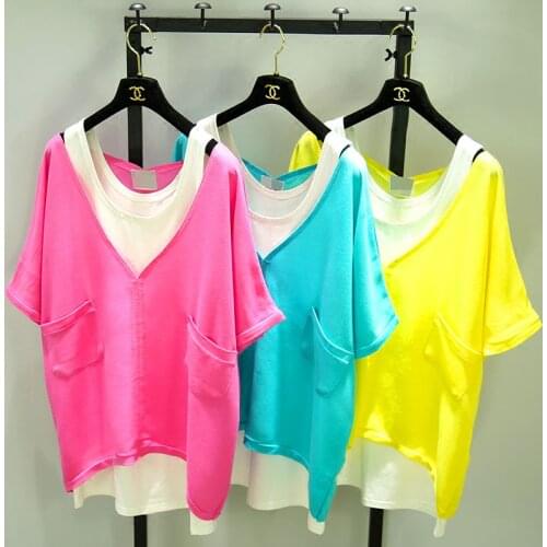 2020 Spring and Summer New Short-Sleeved T-shirt V-neck Womens Fashion Candy Color Two-Piece Set Loose Cotton Tee Shirt Tops