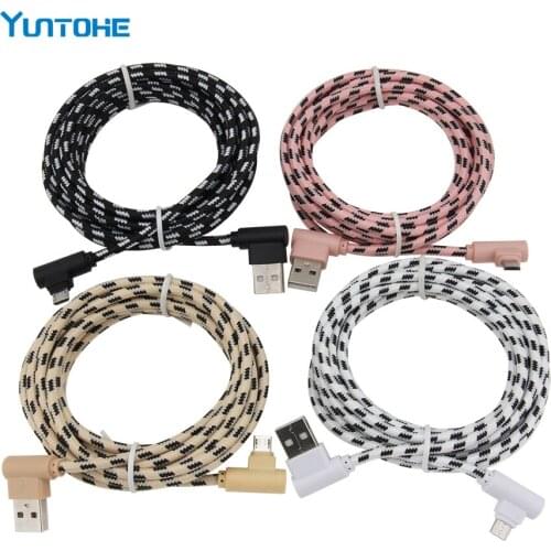 Wholesale 100pcs 1/2/3m 90 Degree Micro USB Cable Fast Charger Data Cable Braided Mobile Phone Charger Cord For Samsung Huawei