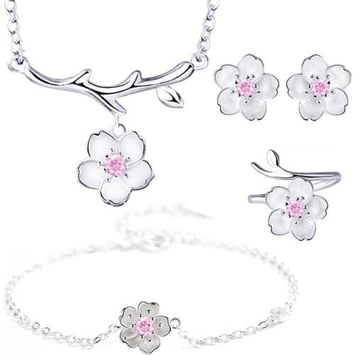 Romantic 925 Sterling Silver Cherry Blossoms Flower Jewelry Sets Pendant Cute Bridal Wedding Sets