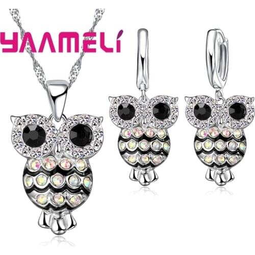 Luxury 925 Sterling Silver Women Jewelry Sets Shining Cubic Zircon Retro Night Owl for Girls Gifts Necklace Earrings
