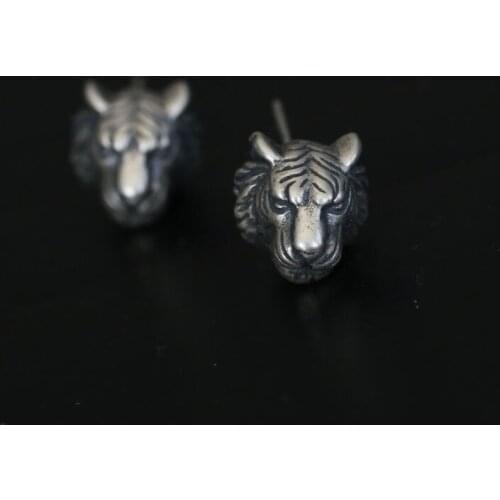 New Retro 925 Sterling Silver Stud Earrings Tiger Carved Head Earrings Three-dimensional Earrings Jewelry Accessories