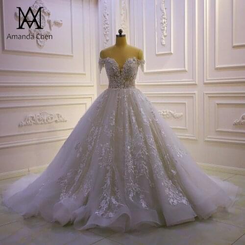 Robe de mariage Off Shoulder Beading Straps Lace Appliqued Illusion Wedding Dress
