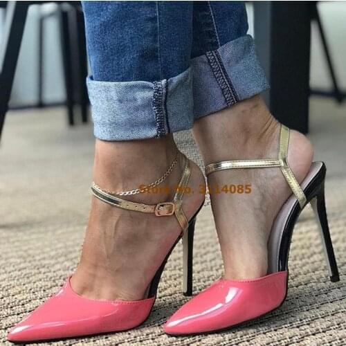Women Elegant Stiletto Heels Pink Patent Leather Pointed Toe Shoes Gold Ankle Buckle Strap Dress Pumps Patchwork Wedding Shoes