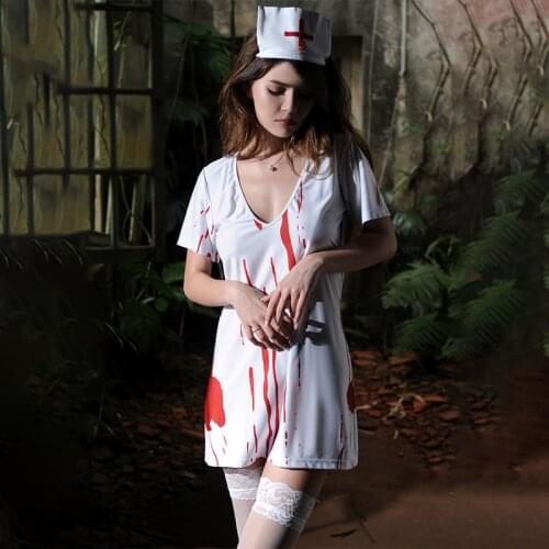 Halloween Costumes For Women Cosplay Scary Costumes Nurse Suit With Blood V Neck Back Hollow Out Bandage Fashion Women Cosplay