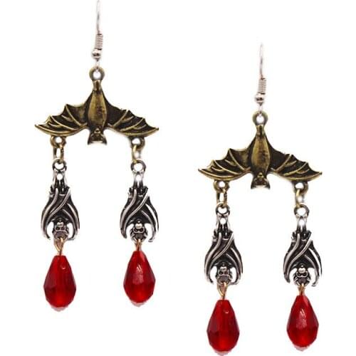 Gothic Diablo Style Dark Night Bat Shaped Drop Earrings For Women Red Crystal Glass Blood Ear Accessories Jewelry VGE070